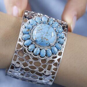 Genuine Mojave Blue Turquoise Gemstone Cuff Bracelet in Platinum Bond NWT